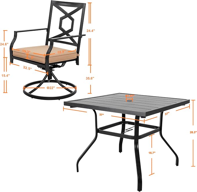 NUU GARDEN 5 Piece Outdoor Patio Dining Set, 4 Swivel Rocker Chairs with Padded Cushions, 37" x 37" Square Iron Dining Table with 1.57" Umbrella Hole, Black and Beige Cushion