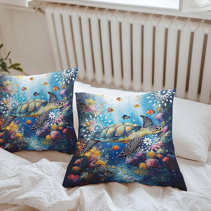 Turtle Waterproof Outdoor Pillow Covers Set of 2 Home Decor, Ocean Fish Coral Underwater World Cartoon Pillowcase Patio Pillow Covers for Couch Bench Furniture Garden 20x20in