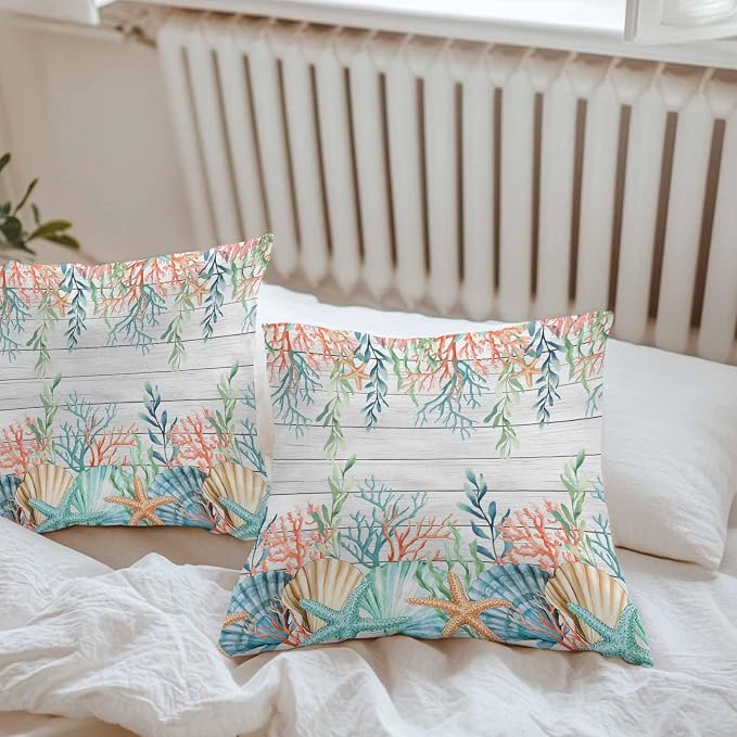 Throw Pillow Covers 20x20 Inch Set of 2, Summer Coastal Waterproof Outdoor Pillow Covers, Nautical Sea Coral Shell Starfish Wood Gray Decorative Cushion Pillowcases for Couch, Sofa, Bed, Garden, Patio