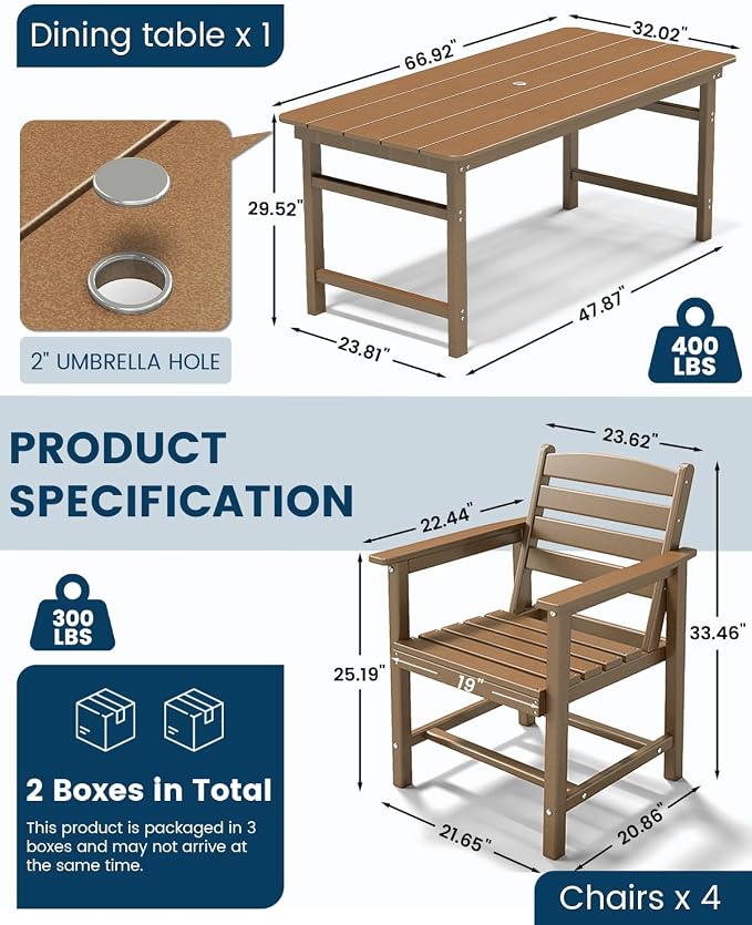 FOOWIN Outdoor HDPE Dining Table Set 7-Piece All Weather Patio Dining Set with Umbrella Hole,Outdoor Patio Furniture Dining Set for 6,Patio Kitchen Table Set for Garden,Backyard,Poolside. Teak