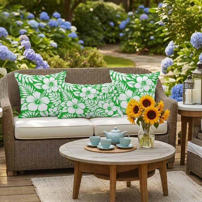 Green Hibiscus Flowers Waterproof Outdoor Pillow Covers Set of 2 Home Decor, Tropical Monstera Leaves Pillowcase Patio Pillow Covers for Couch Bench Patio Furniture Garden 18x18in