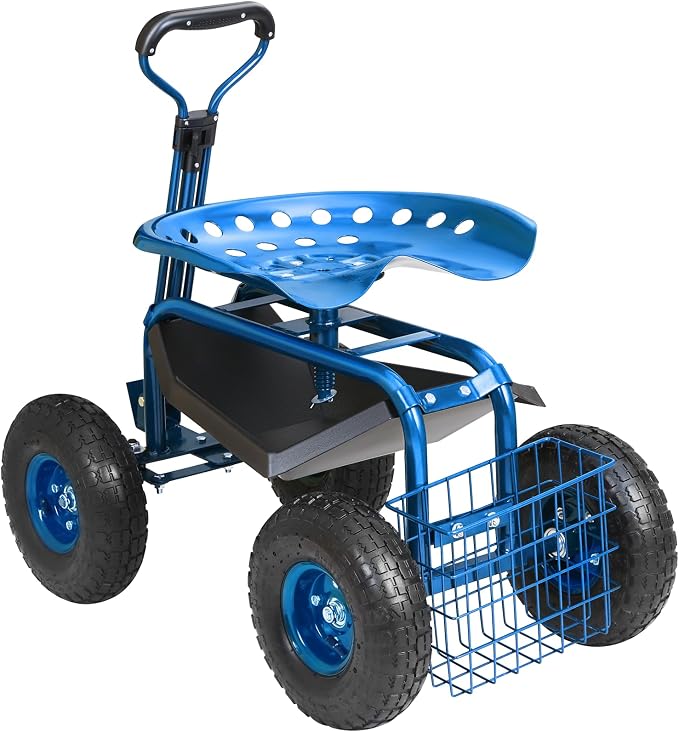 VEVOR Garden Cart Rolling Workseat with Wheels, Gardening Stool for Planting, 360 Degree Swivel Seat, Wagon Scooter with Steering Handle & Utility Tool Tray, Use for Patio, Yard, and Outdoors, Blue