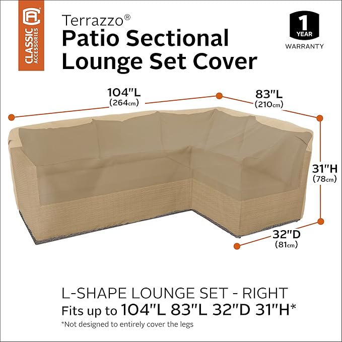 Classic Accessories Terrazzo Water-Resistant 104 Inch Patio Right-Facing Sectional Lounge Set Cover, Patio Furniture Covers