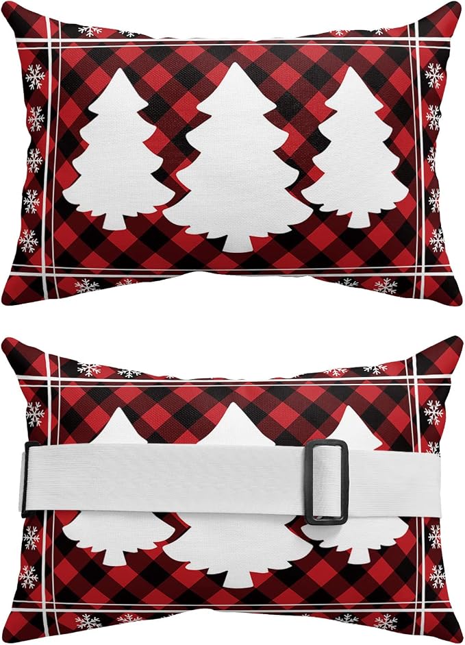 Outdoor Pillows Covers with Inserts Christmas Tree Snowflake Red and Black Plaid Waterproof Recliner Pillow with Adjustable Strap Throw Pillows for Patio Furniture Pool Lounge Chair, 11x16 inch, 1PCS