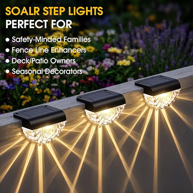 Greluna Solar Fence Lights Outdoor, 12 Pack Waterproof Deck Lights, Auto Dusk to Dawn Step Lights with Warm White Glow, Easy Install for Fence, Patio, Stairs, Pathway, Garden Lighting