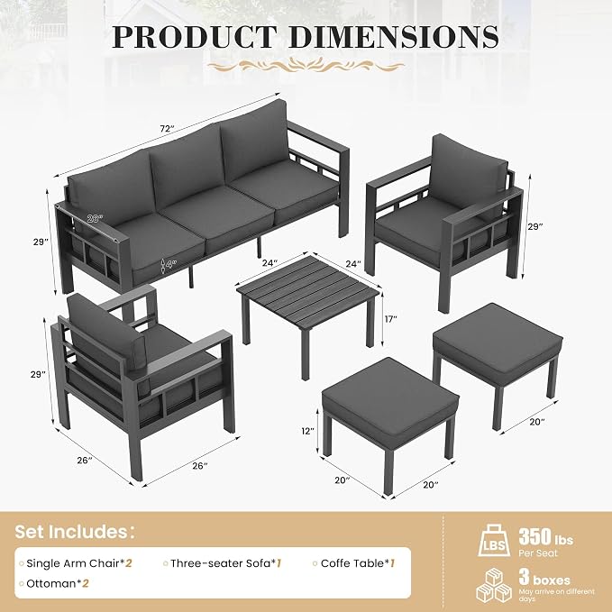 UDPATIO Aluminum Outdoor Furniture, 3-Seat Outdoor Couch | All-Weather & UV-Resistant, Washable Cover for Deck, Backyard, Poolside, Dark Gray