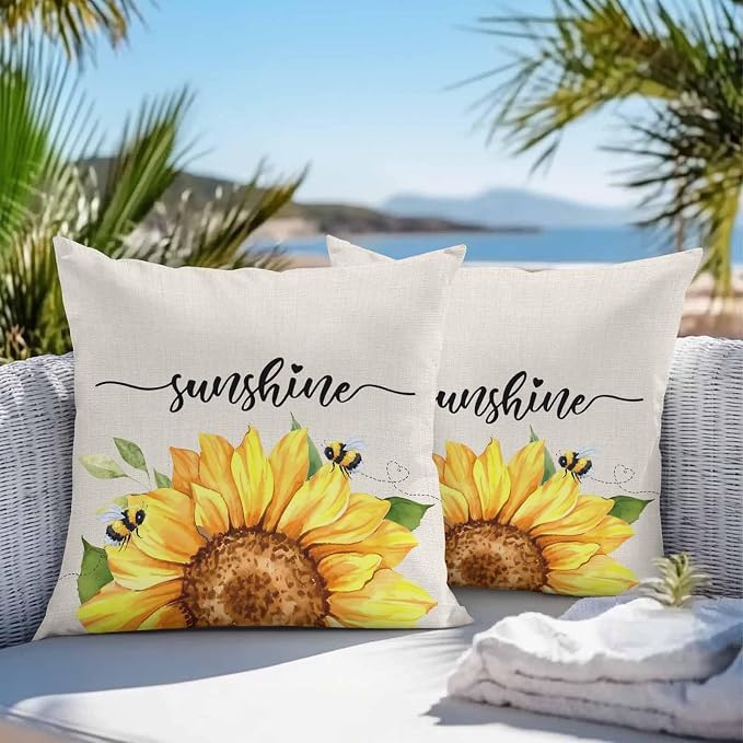 Vintage Yellow Sunflower Bee Outdoor Throw Pillow Covers Set of 2,Decorative Waterproof Pillowcase, Rustic Botanical on Linen Cushion Case for Patio Garden Couch Sofa Tent Bed 20x20 Inches