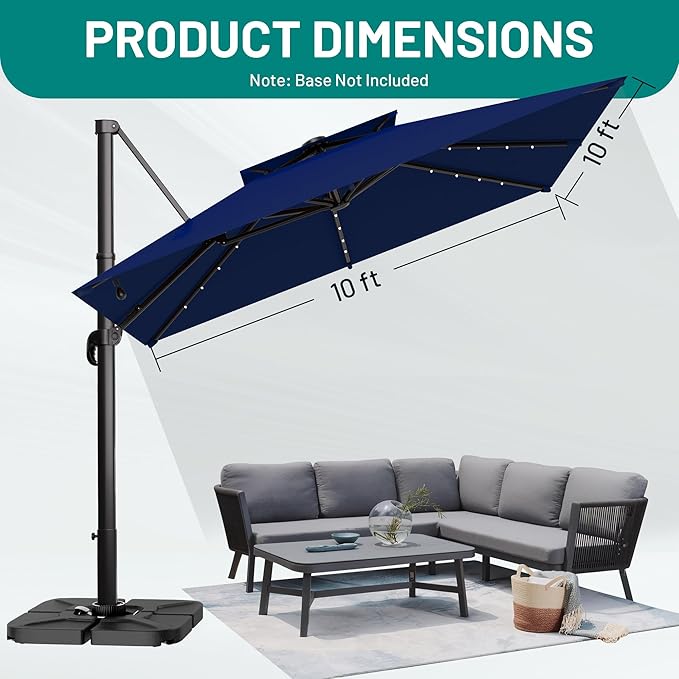AreShark 10×10FT Solar LED Cantilever Umbrella with Base Included, Double-Top Outdoor Patio Offset with 360 Degree Rotation, Square Offset Hanging Umbrella for Garden Deck Pool, Navy