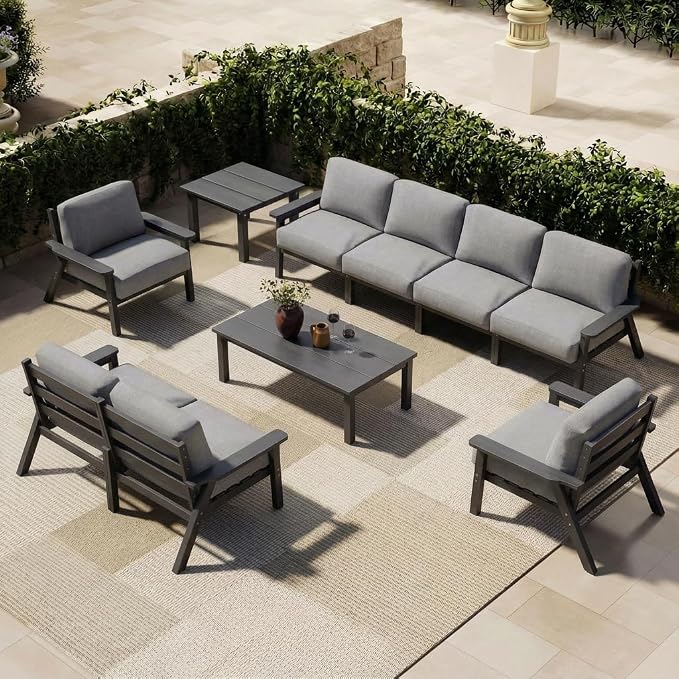 Patio Furniture Set 8 Seats, 4-Seater and 2-Seater Outdoor Sofas with Gray Washable Thick Cushions, Patio Conversation Sets for Lawn, Garden, Porch, Balcony, Deck (Grey Frame)