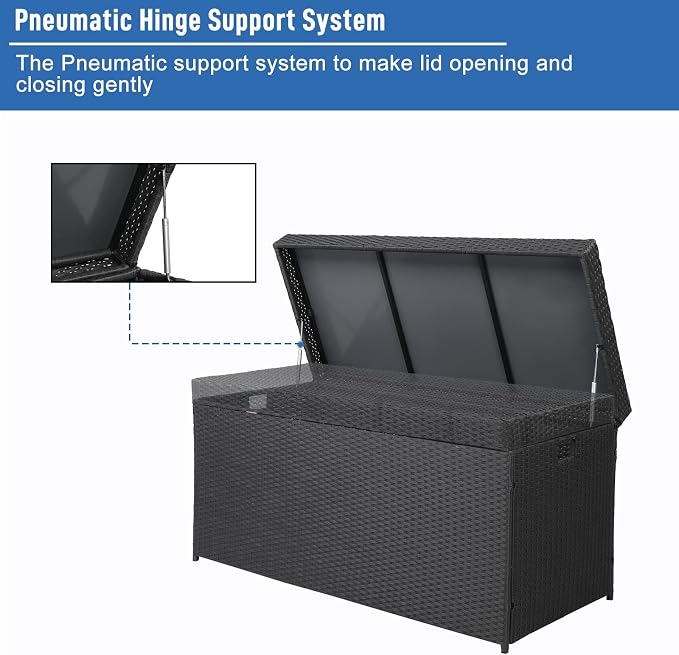 Outdoor Wicker Patio Deck Storage Box, 132-Gal Rattan Pool Storage Box with Lid, Garden Deck Bin Storage Bench Deck Box for Storing Tools, Accessories and Toys (132 Gallon, Black)