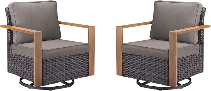 2PCS Outdoor Swivel Patio Chairs Set, All-Weather Wicker Swivel Rocker Chairs with High Back and Deep Seat, Patio Seating for Porch, Deck, Backyard and Poolside Grey