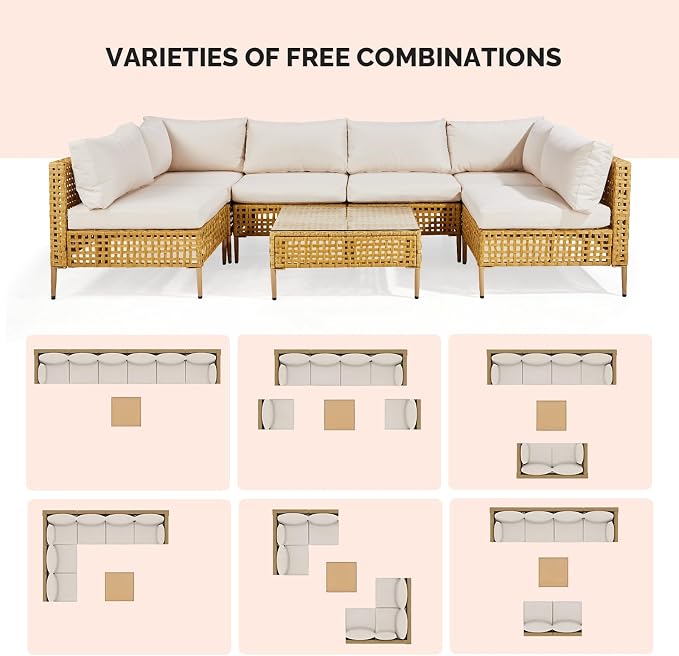 VINGLI 7 Piece Patio Sectional Furniture Set, Wicker Outdoor Furniture with Thick Cushions and Coffee Table, Outdoor Couch Conversation Sets for Garden, Backyard, Pool