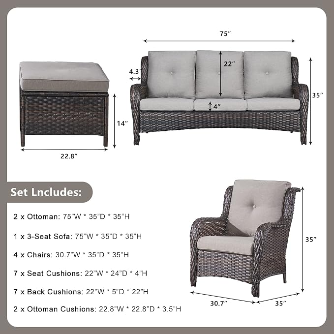 Rilyson Wicker Patio Furniture Set - 7 Piece Rattan Outdoor Sectional Conversation Sets with 1 Sofa,4 Armrest Chairs and 2 Ottomans for Porch Deck Garden(Brown/Grey)