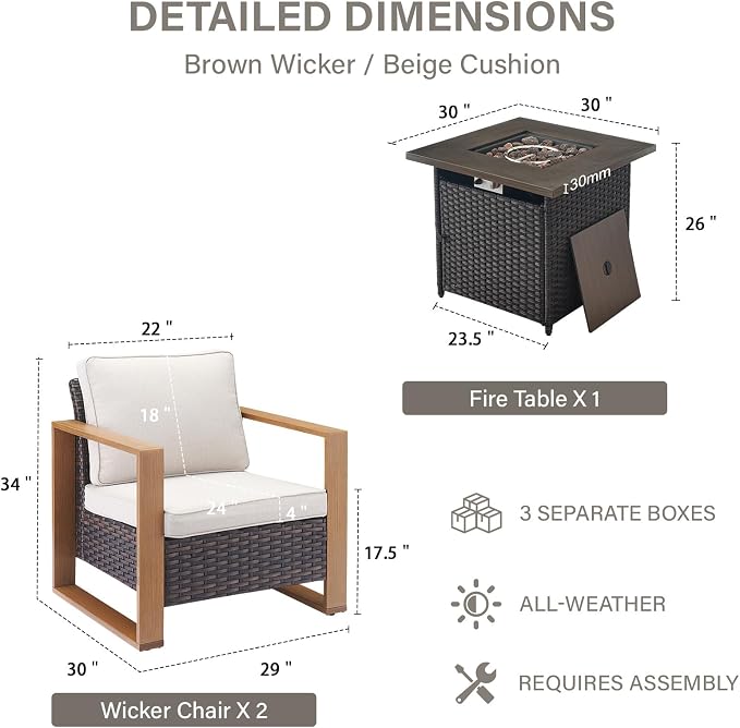 Belord Social 5 Pieces Patio Furniture Set - Patio Chairs Set of 4 with 50000BTU Propane Fire Pit Table, Durable Wicker Outdoor Conversation Set for Casual Gathering