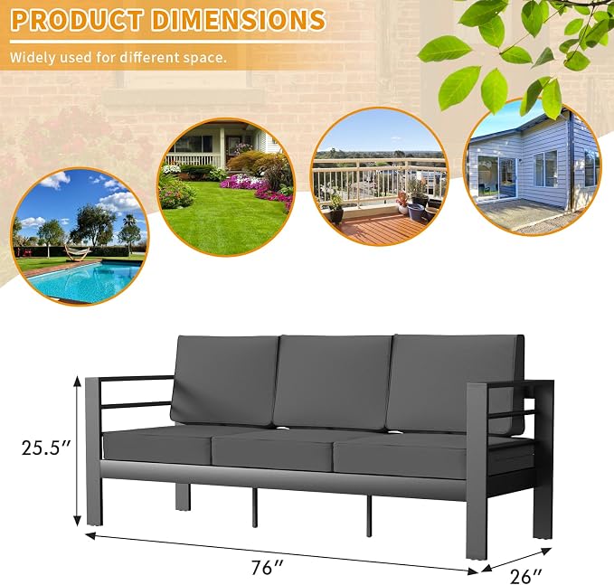 Aluminum Patio Set, 3-Seat Outdoor Furniture Set with 5 Inch Cushions, Patio Furniture Sets with Waterproof Covers for Backyard Garden(Grey)