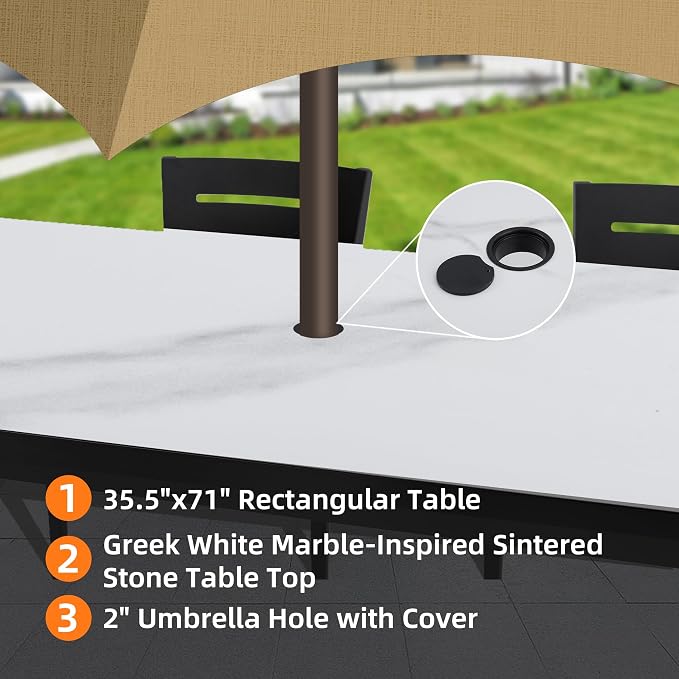 7PC Aluminum Outdoor Patio Dining Set, 71" Rectangular Dining Table with White Marble Sintered Stone Top, 4 Chairs & 2 Cushioned Swivel Rockers, All-Weather Patio Furniture