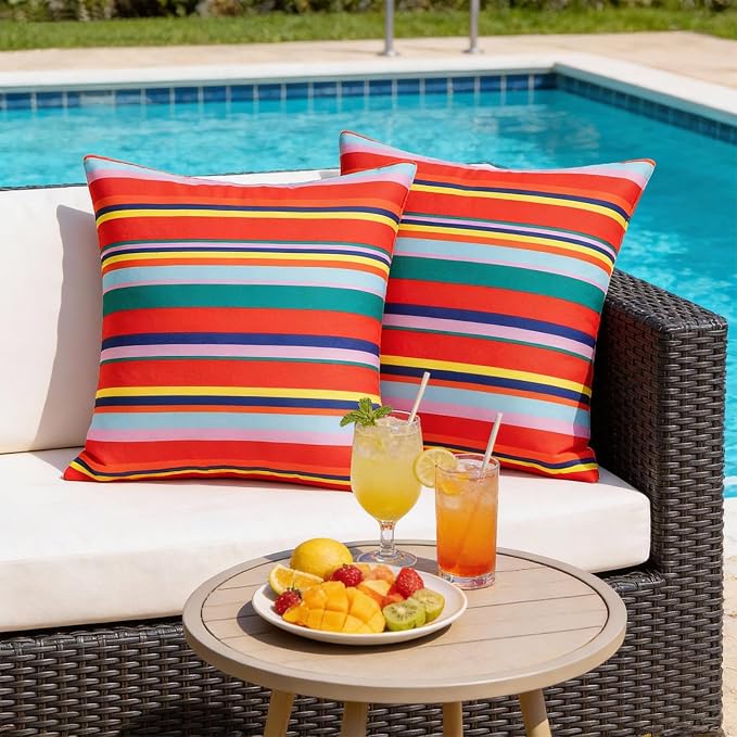 SquarePie Outdoor Pillow Covers Set of 2 Waterproof Decorative Throw Pillow Cases Patio Cushion Covers for Spring Patio Couch Balcony Bench,18x18 inch Color Stripe