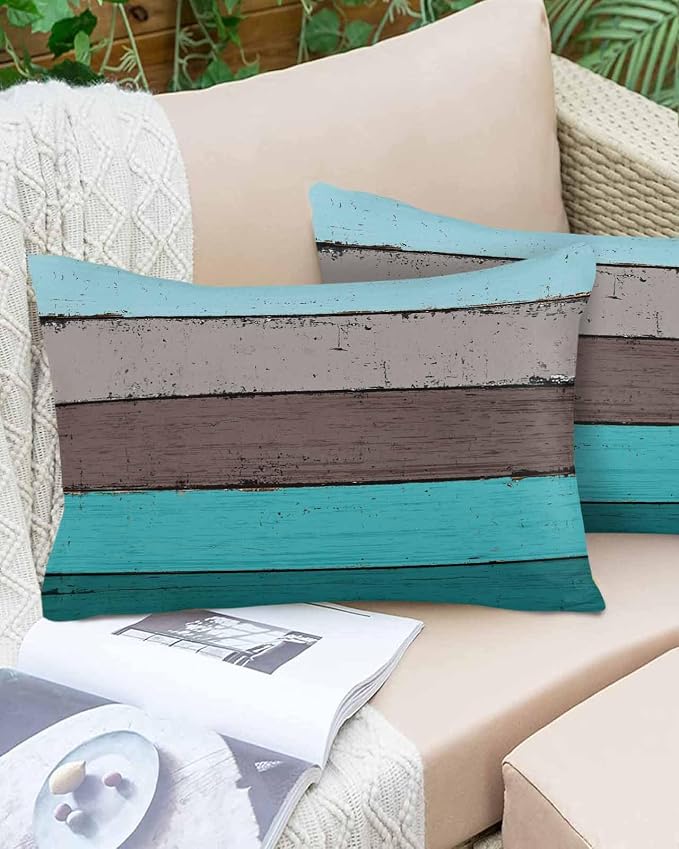 Outdoor Throw Pillow Covers 12X20 Set of 2 Waterproof Ombre Peacock Blue Gray Decorative Zippered Cushion Covers for Patio Furniture, Farmhouse Retro Rustic Barn Wood Texture Lumbar Pillowcases