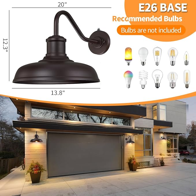 13.8'' Large Dusk to Dawn Outdoor Gooseneck Barn Light, 2 Packs | Outdoor Wall Sconce Farmhouse Exterior Lighting Fixture Industrial Lantern for House, Porch, Entryway, Garage, Brown