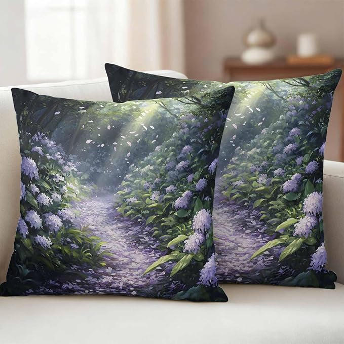 Purple Floral Outdoor Waterproof Throw Pillow Covers Set of 2, 26"x26", Spring Landscape Scenery Nature Decorative Pillow Covers Outside Cushion Case for Patio Porch Garden