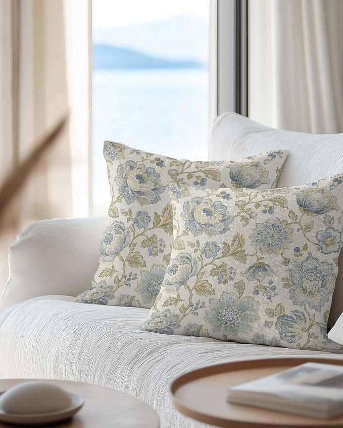 Outdoor Waterproof Throw Pillows 16x16in, Pastoral Blossom Flower Leaf Patio Pillows Pack of 2,Decorative Pillow Covers with Insert,Pillow Cushion Case Farmhouse Floral Vintage Linen