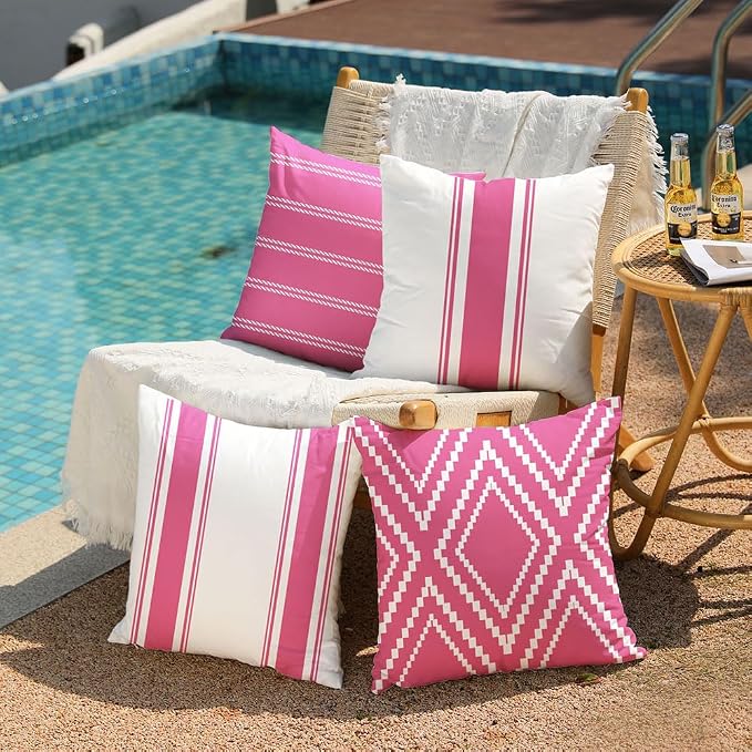 DFXSZ Outdoor Hot Pink Waterproof Geometry Pillow Covers 18x18 Set of 4 | Summer Waterproof Modern Throw Pillowcases（No Inserts） Outdoor Decor for valentines Patio Funiture Garden Polyester Covers