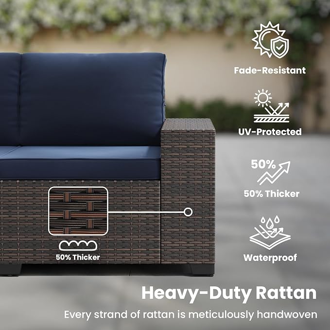 Soohow 6-Piece Patio Furniture Set All-Weather Outdoor Wicker Sectional Conversation Set with Cushion and Glass Table for Garden, Porch, Backyard, Navy Blue Cushions