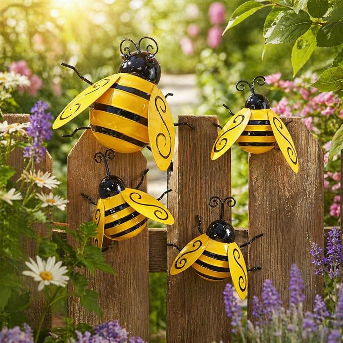 Metal Bumble Bees Garden Outdoor Decor Honey Bee Yard Art Outside Patio Fence Home Wall Decorations (Set of 4)