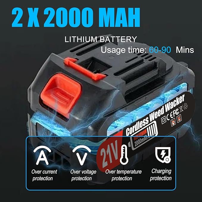 Electric Cordless Weed Wacker Eater with 4 Types Blades & Wheels 2 X 2.0Ah Battery Powered 3-in-1 String Trimmers/Grass Trimmer/Lawn Edger/Brush Cutter Lightweight Garden Tool for Garden Yard