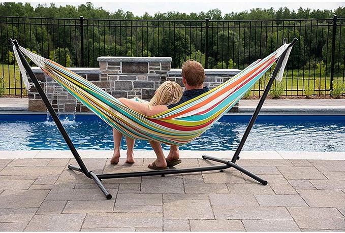 Vivere Double Polyester Easy Assemble Outdoor Hammock with Steel Stand, Ciao