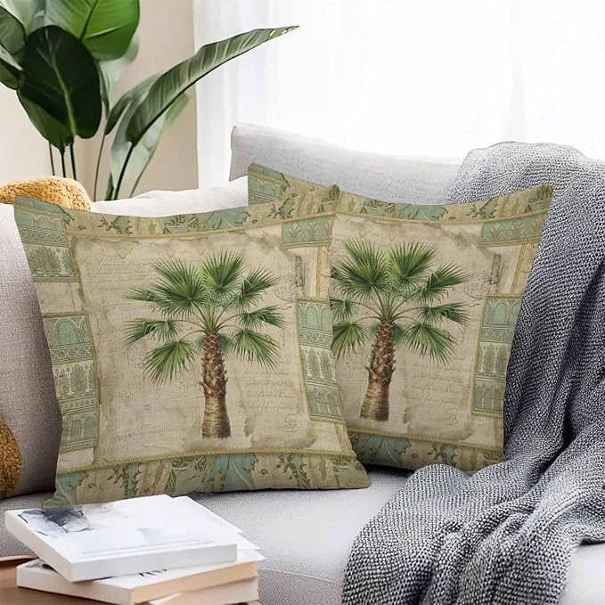 Summer Palm Trees Outdoor Pillow Covers 18"x18" Set of 2, Green Tropical Leaves Vintage Boho Texture Waterproof Throw Pillow Covers for Patio Furniture, Decorative Cushion Covers for Porch