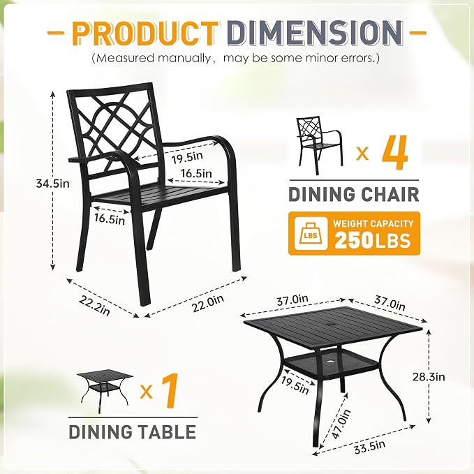 SUNCROWN 5-Piece Outdoor Dinging Set, Wrought Iron Chairs and Table Patio Dining Furniture Set - 4 Stackable Metal Chairs, 1 Steel Slat Bistro Table for Garden Backyard Deck