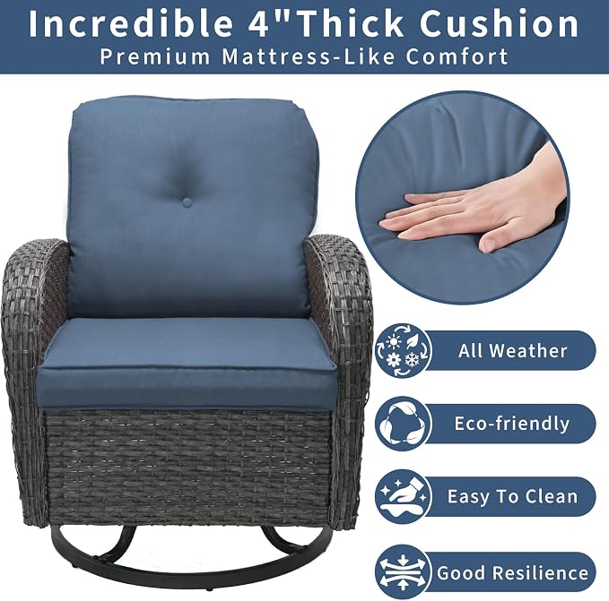 3 Piece Outdoor Swivel Rocker Patio Chairs, All-Weather Rattan Chair, Wicker Glider Patio Furniture Set with Side Table, for Garden, Backyard, Deck, Gray Rattan & Blue Cushions