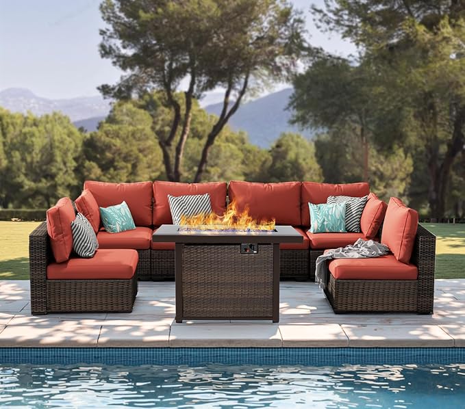 Grezone Patio Furniture Set,7 Piece Patio Furniture Set with Fire Pit Table,PE Wicker Rattan Sectional Sofa Patio Conversation Set with Thickened Cushions, Red