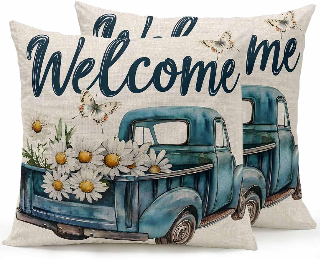 Outdoor Waterproof Throw Pillows Farm Blue Truck Daisy Flower Butterfly Patio Pillows Pack of 2,Decorative Pillow Covers with Insert,Pillow Cushion Case for Garden Couch Sofa Welcome Text on Burlap