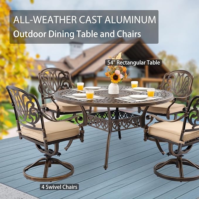 5-Pcs Cast Aluminum Patio Dining Set with 4 Swivel Chairs,Bronze | Outdoor Furniture Set Include 54" Round Dining Table and 4 Swivel Chairs with Cushions & Umbrella Hole