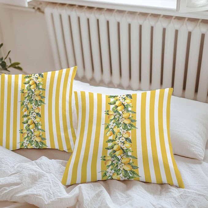 Yellow Lemon Stripes Waterproof Outdoor Pillow Covers Set of 2 Home Decor, Summer Spring Fruit Flowers Leaves Pillowcase Patio Pillow Covers for Couch Bench Furniture Garden 20x20in