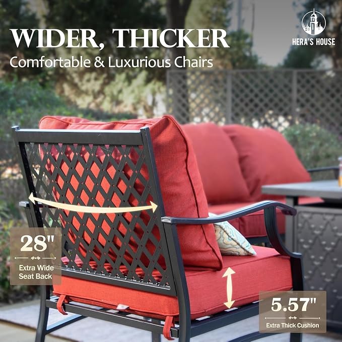 HERA'S HOUSE 6 Piece Patio Furniture Set, 2 x Rocking Chair, 2 x Fixed Chair, 1 x 3-Seat Sofa with Marbling Coffee Table, Outdoor Conversation Set for Lawn Garden Backyard, Red