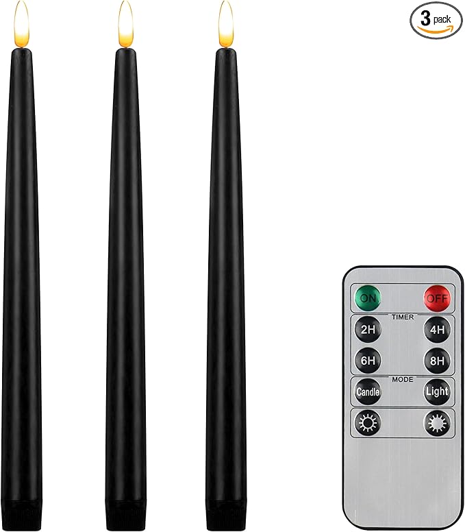 CVHOMEDECO. Flameless Taper Candles with 10-Key Remote, Battery Operated Led Flickering 3D Wick Window Candles Real Wax Finished Home Christmas Party Decor 0.78 x 11 Inch, Pack of 3, Black