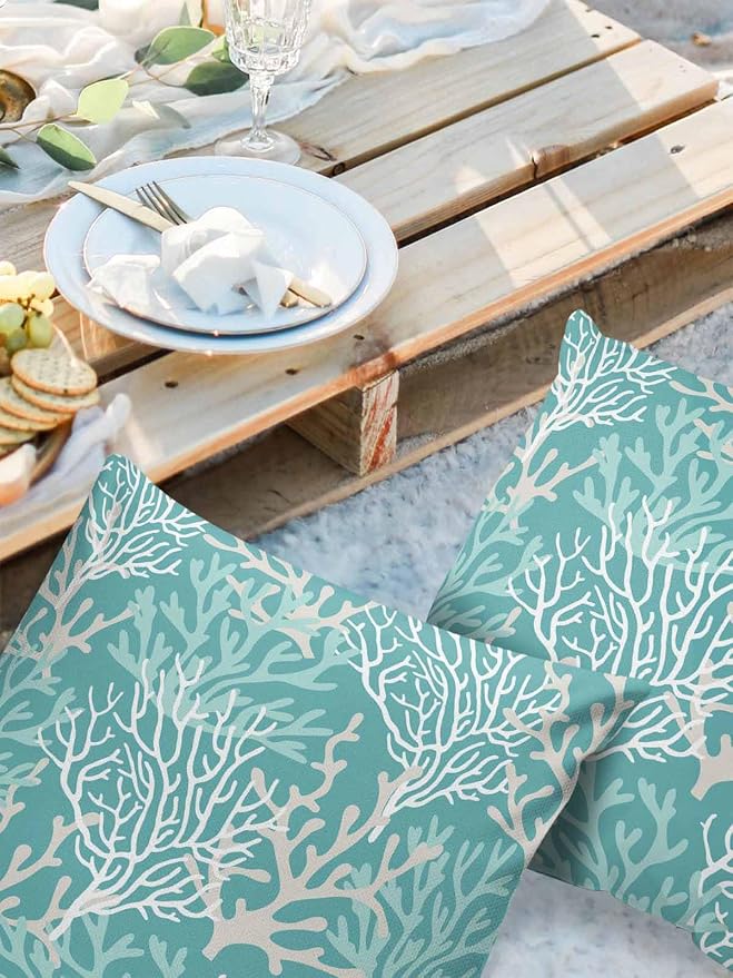 Outdoor Waterproof Throw Pillow Covers Set of 2 Turquoise Coral Pillowcases 16x16 Inches Nautical Coastal Marine Life Patio Decorative Pillows Cushion Case Patio Pillows for Couch Bed Chair Garden