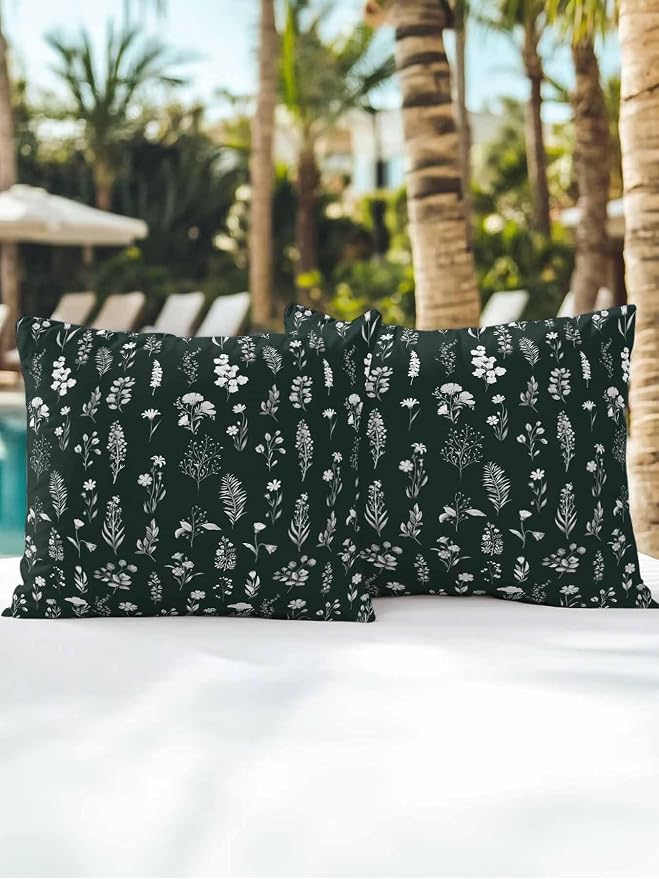 Outdoor Pillows with Inserts Set of 2 18x18, Dark Green Wildflowers Waterproof Outdoor/Indoor Throw Pillows, Farmhouse Botanical Garden Floral Decorative Pillow for Bed Couch Sofa Patio Furniture