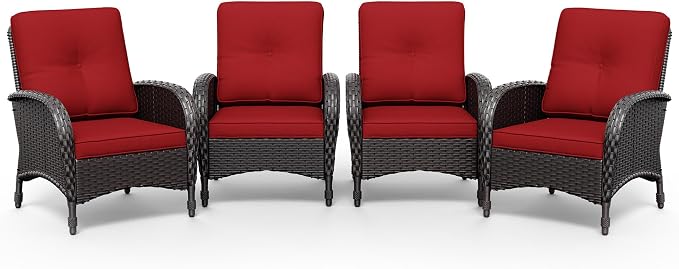 Joyside Wicker Patio Chairs, 4 Piece Rattan Outdoor Furniture with Thickened Cushions, High Back, Deep Seating, Wide Armrest, Outdoor Chairs for Porch, Deck