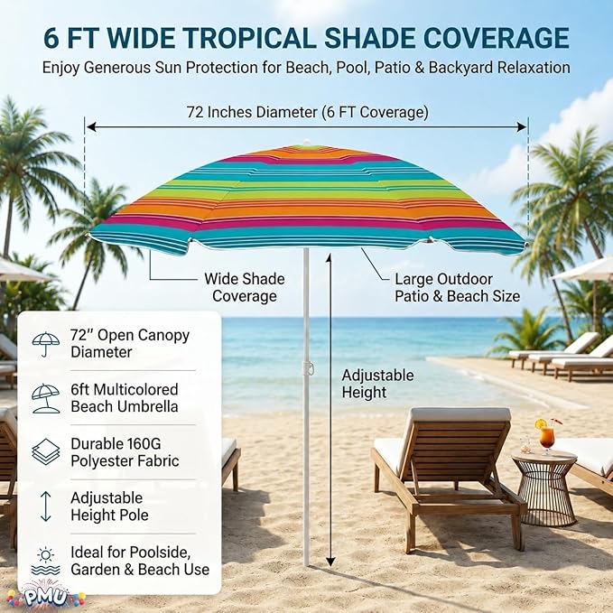 PMU 24 Pcs 6ft Multicolored Beach Umbrella – Vibrant Rainbow Stripe Design, 72in Open, 160G Polyester, Large Outdoor Patio Pool Parasol Umbrella for Garden, Deck, Backyard & Pool