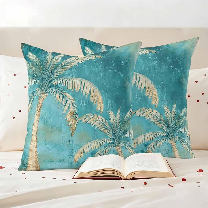 Coastal Beach Palm Tree Outdoor Waterproof Pillow Covers, Retro Teal Decorative Square Throw Pillowcase, Tropical Plant Summer Sofa Cushion Sham for Patio/Couch/Chair, 24"x24" 2 Pack