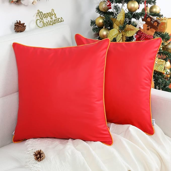 Outdoor Red Waterproof Pillow Cover Silicone Leather Outdoor Modern Anti-Fading Cushion Cases for Patio Furniture Bench Couch 18x18 Inch, Pack of 2