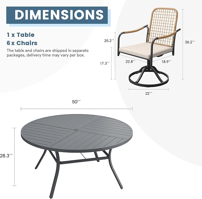 DIFY 7 Pieces Outdoor Dining Set, Metal Patio Table and Chairs Set for 6, 50" Round Dining Table with Umbrella Hole & Wicker Swivel Patio Chairs with Cushions, Grey Tabletop