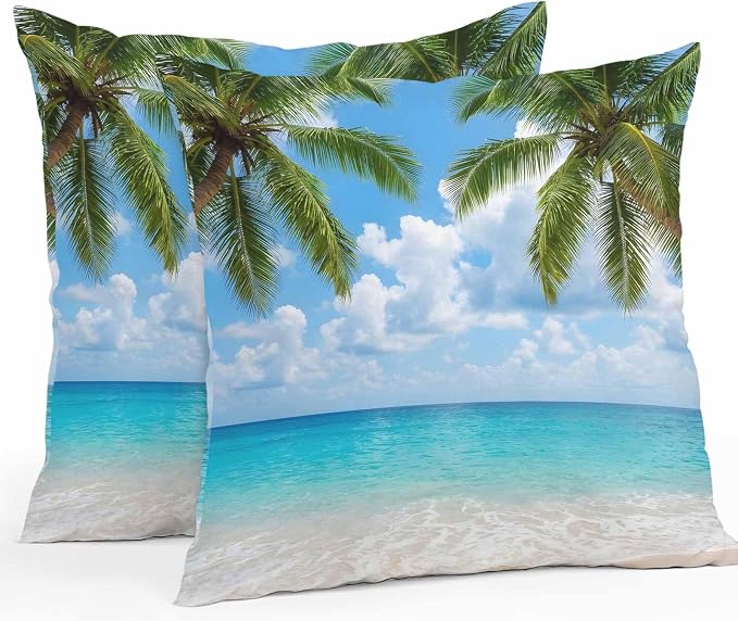 Yukro Tropical Beach Outdoor Waterproof Pillow Covers Pack of 2, Starfish Palm Tree Sky Coastal Throw Pillowcases Decorative Cushion Covers for Garden Patio Tent Sofa Couch, 26x26 inch