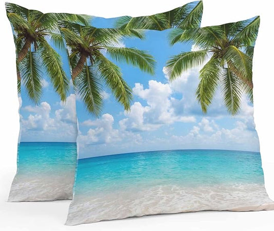 Yukro Tropical Beach Outdoor Waterproof Pillow Covers Pack of 2, Starfish Palm Tree Sky Coastal Throw Pillowcases Decorative Cushion Covers for Garden Patio Tent Sofa Couch, 26x26 inch