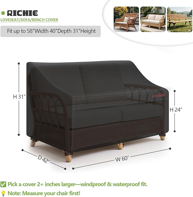 RICHIE Patio Loveseat Cover -Waterproof Outdoor 2-Seater Sofa Cover with Air Vent, UV Resistant Patio Furniture Covers for 60"W*42"D*31"H Loveseats (Black)