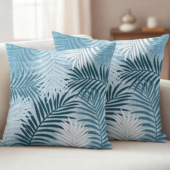 Teal Palm Leaves Waterproof Outdoor Pillow Covers Set of 2 Home Decor, Summer Tropical Leaf Plant Lumbar Pillowcase Patio Pillow Covers for Couch Bench Patio Furniture Garden 20x20in